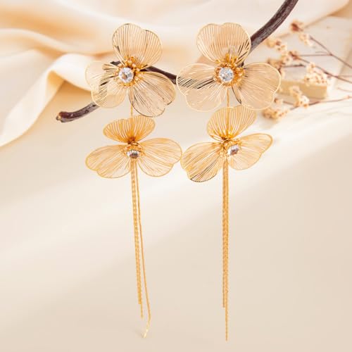 Gold Flower Tassel Dangle Earrings for Women,Boho Chunky Floral Long Fringe Statement Earring,Fashion Spring Jewelry Party Prom Accessories - color: Golden