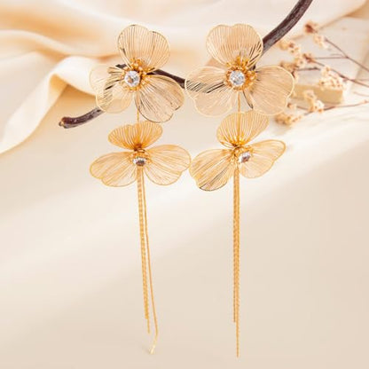 Gold Flower Tassel Dangle Earrings for Women,Boho Chunky Floral Long Fringe Statement Earring,Fashion Spring Jewelry Party Prom Accessories - color: Golden