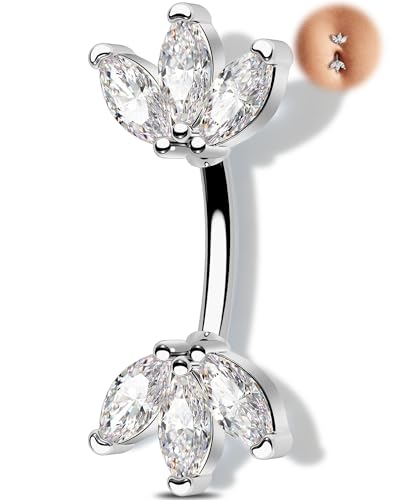 Melighting 14G Gold Lotus Belly Button Ring, Double CZ Navel Ring 316L Surgical Stainless Steel Marquise 5A CZ Steel Belly Bar 8 mm/10 mm - color: Steel, size: 14g8mm