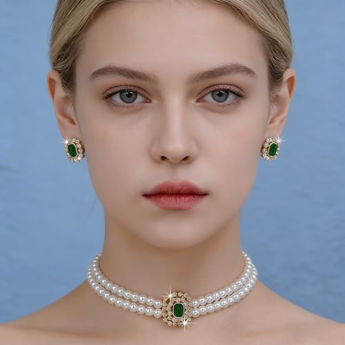 Classic Double Strand Faux Pearl Choker Necklace and Earrings Set with Crystal Accent, Elegant Jewelry for Special Occasions and Everyday Wear - color: green