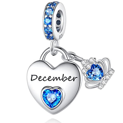 Birthstone Charms for Charms Bracelet: 925 Sterling Silver Heart Dangle Charms for Bracelets and Necklaces, Birthday Mother's Day Christmas Gifts For Women. - color: December
