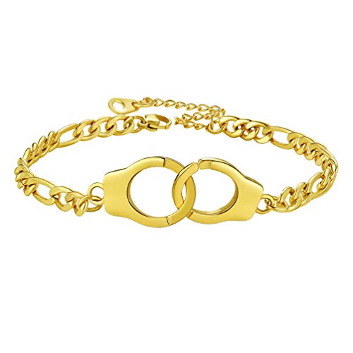 PROSTEEL Trendy Handcuffs Design/Customize Words Ankle Bracelet For Women, 316L Stainless Steel Anklets Silver/Gold/Black Tone, Hypoallergenic, Come with Box - style: 02 Handcuffs Anklet(8.5"-10.5")-Luxury Gold