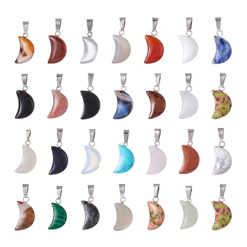 FASHEWELRY 50Pcs Crescent Moon Shaped Stone Pendants Assorted Gemstone Mixed Necklace Charms Tiny Healing Crystal Quartz Chakra Reiki Gemstone Charms for Necklace Jewelry Making Hole: 2x7mm - color: 1-Mixed Color-Moon-Random