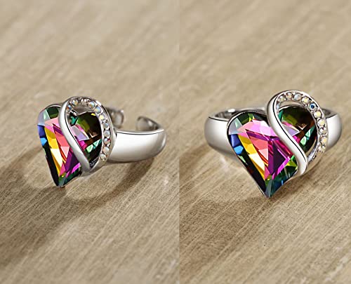 Leafael Infinity Love Women's Adjustable Crystal Heart Ring with Birthstone Crystals Healing Stones, Jewelry Gifts for Women, Birthdays Valentine's Day, Silver-Tone, Open End, Size 6.5-8 - color: 17c-Protection-Rainbow Black