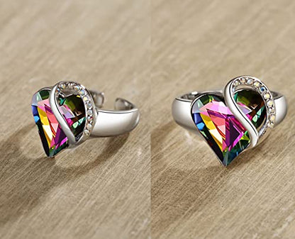 Leafael Infinity Love Women's Adjustable Crystal Heart Ring with Birthstone Crystals Healing Stones, Jewelry Gifts for Women, Birthdays Valentine's Day, Silver-Tone, Open End, Size 6.5-8 - color: 17c-Protection-Rainbow Black