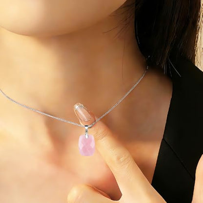 iSTONE 925 Sterling Silver Natural Crytral for Womens Pendant Necklace, Gemstone Birthstone with 17.8" Silver Chain Ladies - color: Rectangle - Rose Quartz