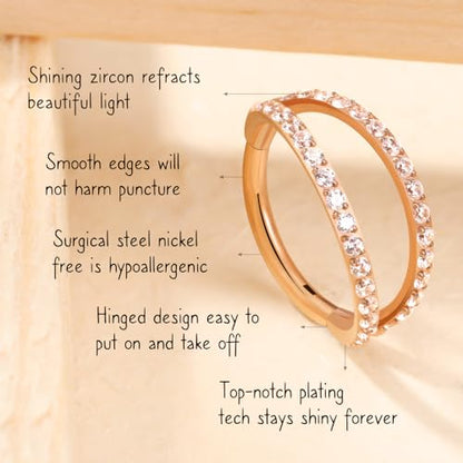 AROWRO Conch Piercing Jewelry Nose Rings Hoops Septum Cartilage Helix Rook | Surgical Steel Gold Silver Cartilage Earrings for Women Tragus Helix Piercing Jewelry 16G 18G 20G With Cubic Zirconia Opal - color: Rose Gold-D1 Clear CZ, size: 16G(1.2mm)-8mm