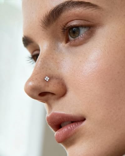 COCHARM Minimalist Titanium Nose Stud, 20g L Shape Flower Nose Ring Stud Cute G23 Titanium Surgical Steel Silver Nostril Piercing with Clear CZ Hypoallergenic - style: FourCZ-Silver