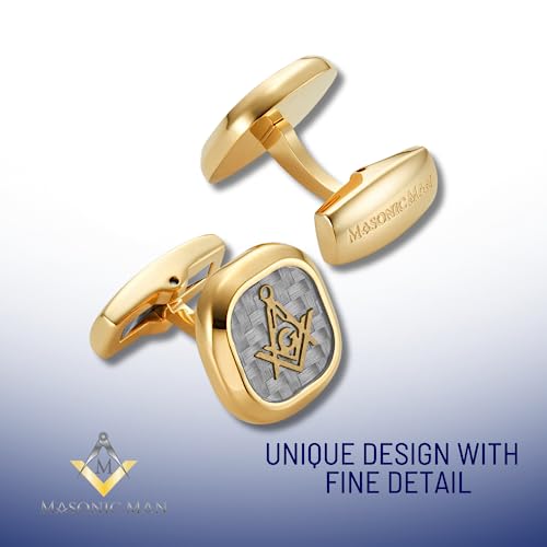 MasonicMan Men’s Two Tone Stainless Steel Cufflinks with Carbon Fiber and Masonic Logo and Gift Pouch