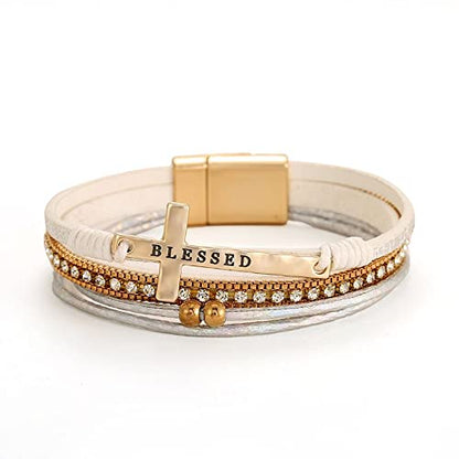 Bohemian Faux Leather Wrap Multi Layer Statement Bracelet Cross Christian Religious Leatherette Cuff Crystal Rhinestone Metallic Bead Inspirational Bracelets - color: I