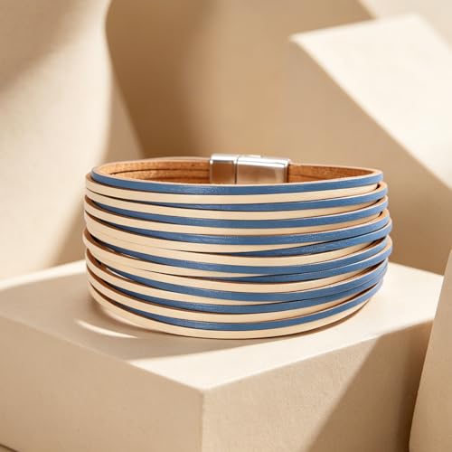 hotoo Leather Wrap Bracelet for Women - color: Blue and white