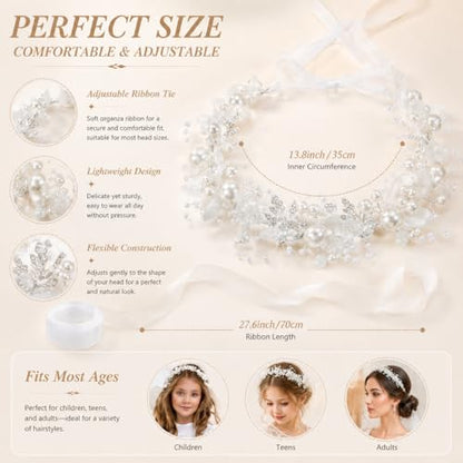 2 Pcs Flower Girl Headpiece, Silver Pearl Rhinestone Flower Hair Accessories Princess Headband for Bridal Wedding First Communion (pink) - color: pink