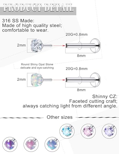 16G 18G 20G Threadless Flat Back Nose Ring Studs Earrings 316L Surgical Steel Tragus Helix Cartilage Earrings Medusa Labret Lip Rings Piercing Jewelry For Women Men Opal CZ 2mm 3mm - style: 20G-8MM Length-Top 2mm