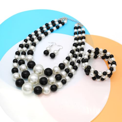 We We Imitation Pearl Necklace for Women Large Chunky Pearl Necklaces Multilayer Pearl Necklace and Earring 1920s Costume Jewelry set - color: Black white pearl necklace set