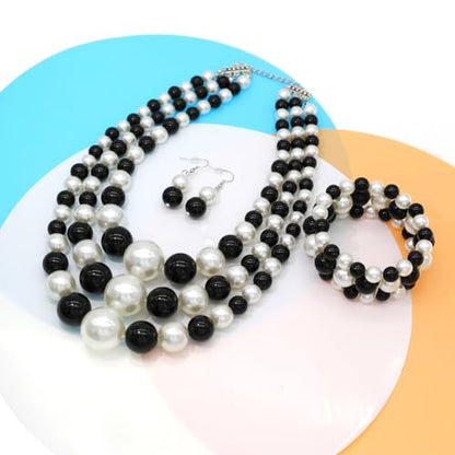 We We Imitation Pearl Necklace for Women Large Chunky Pearl Necklaces Multilayer Pearl Necklace and Earring 1920s Costume Jewelry set - color: Black white pearl necklace set