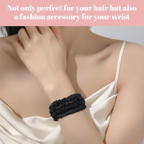 Scrunchies Hair Ties Silk Satin Scrunchy, WantGor Women 4PC Hair Bands | Pure Mulberry Silk Skinny Elastic Scrunchies Bracelets Ponytail Holders Hair Accessories (Black*4) - color: Black*4