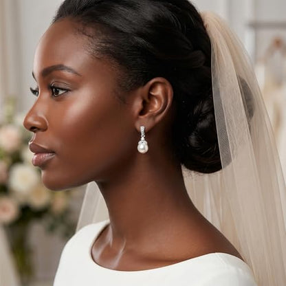 Mariell Pearl Drop Bridal Necklace Earrings Set with CZ Crystals for Bride, Bridesmaid, Birthday Gift - color: Silver Earring Only
