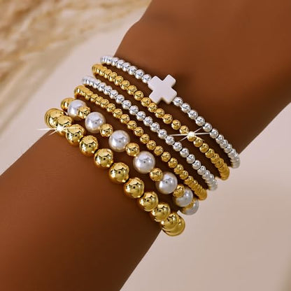 Silver Gold Beaded Bracelets for Women Stackable 14K Gold Plated Beads Ball Cross Bracelet Stack Non Tarnish Elastic Stretch Trendy Jewelry Christian Friendship Christmas Gifts for Women - color: 6pcs-White Cross
