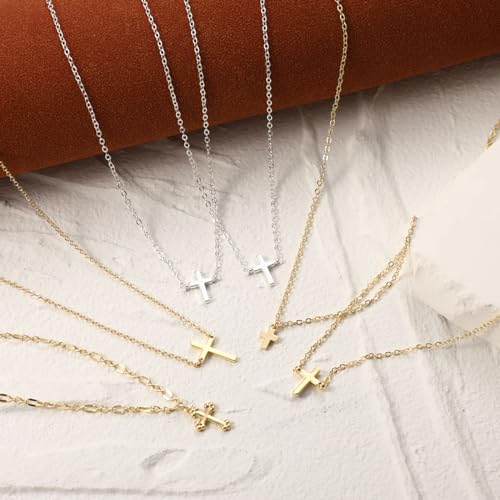 VIROMY Gold Cross Necklace for Women 14K Gold Plated Cute Sidways Cross Pendant Choker Necklaces Simple Trendy Everyday Jewelry for Women - style: Nifty Cross-GD
