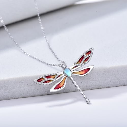 Dragonfly Necklace 925 Sterling Silver Moonstone Necklace Rainbow Stone Dragonfly Jewelry Christmas Birthday Gifts for Women Mom Her - style: Light Orange