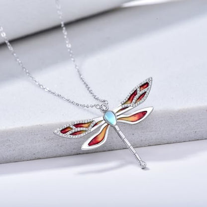 Dragonfly Necklace 925 Sterling Silver Moonstone Necklace Rainbow Stone Dragonfly Jewelry Christmas Birthday Gifts for Women Mom Her - style: Light Orange