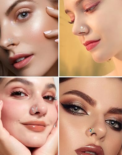 Akeoqi 16PCS Double Nose Ring Hoop For Single Piercing Stainless Steel Dangle Spiral Nose Rings Snake Flower Butterfly Planet Angel Wings Heart Ball Twist Earring Hoops Body Piercing Jewelry For Women - color: A: Silver-1