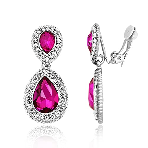 Spinningdaisy Clip On Earrings for Women | Non Pierced Earrings for Wedding - color: Tear Drop Hot Pink