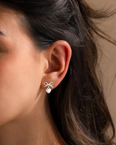Stud Earrings for Women- 14K Gold/White Gold Plated/Black Bow Dragon Softball Snake Bat Stud Earrings - color: Silver Bow Heart