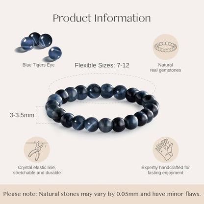 NLIEO Handmade Natural Gemstone Crystal Beaded Stretch Band Ring for Women | Handmade, 3mm Natural Stone, Size 7-12, Stretchy, Beaded Jewelry, Green Bead Rings, Trendy Jewelry Gift - style: Blue Tigers Eye