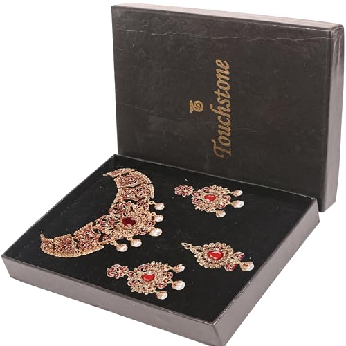 Touchstone Indian jewelry sets for women tikka wedding necklace costume guest statement bollywood rhinestones crystal faux pearls gold big royal neck piece set bridal fashion accessories - color: Red