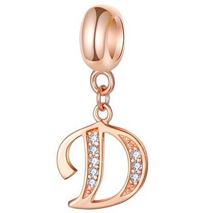 EMOSTAR Letter Charms Initial A-Z Alphabet Beads, Rose Gold 925 Sterling Silver Dangle CZ Birthstone Pendant, Gifts for European Charm Bracelet/Mothers Day/Birthday - color: Letter D