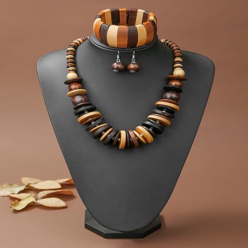 Colorful Ethnic Wooden Earrings Round Statement Dangle Earrings Multilayered Geometric Beaded Bracelet Necklace Set for Women Exaggerated Tribal Jewelry - color: Mixed Color B