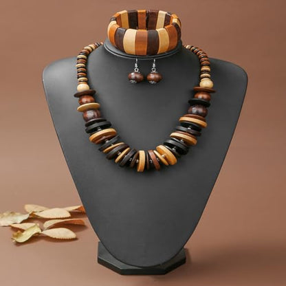 Colorful Ethnic Wooden Earrings Round Statement Dangle Earrings Multilayered Geometric Beaded Bracelet Necklace Set for Women Exaggerated Tribal Jewelry - color: Mixed Color B
