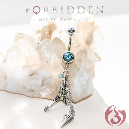 Forbidden Body Jewelry Surgical Steel Tribal Feather and Arrow Charms Synthetic Turquoise Dangle Belly Ring - color: Clear