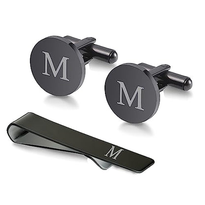 WIGERLON Initial Cufflinks and Tie Clip Set for Men,Stainless steel Letter Cuff Links and Tie Bar Set gift for Father Husband Son Boyfriend - style: M-Black