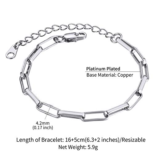 ChainsHouse Stainless Steel Herringbone Flat Chain Bracelets for Women,18K Gold/Rose Gold/Black Metal Paperclip/Snake/Cuban/Figaro Sterling Silver Link Charm Bracelet, 16+5cm Adjustable, With Gift Box - color: a. paperclip-platinum(hot!!!)