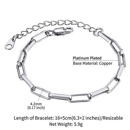 ChainsHouse Stainless Steel Herringbone Flat Chain Bracelets for Women,18K Gold/Rose Gold/Black Metal Paperclip/Snake/Cuban/Figaro Sterling Silver Link Charm Bracelet, 16+5cm Adjustable, With Gift Box - color: a. paperclip-platinum(hot!!!)