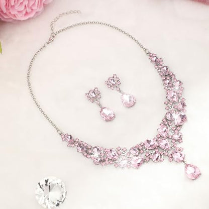 Hicarer Bridal Teardrop Cluster Crystal Jewelry Set for Women Necklace Earrings Wedding - color: Pink
