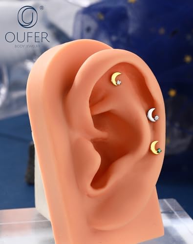 OUFER 18G Moon Cartilage Piercling Jewelry-G23 Titanium Flat Back Push Pin Gold Helix Earrings, Shiny Emerald CZ Tragus Lobe Rook Helix Piercing Jewelry - style: Gold-Emerald