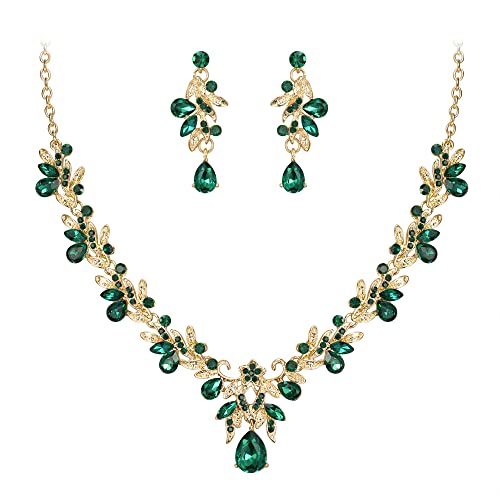 Women's Wedding Jewelry Set Leaf Flower for Bridal Prom Party | Stunning Crystal Teardrop Marquise Cluster Pendant Necklace Dangle Earrings Set for Bride Bridesmaid - color: 01-Emerald Color