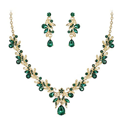 Women's Wedding Jewelry Set Leaf Flower for Bridal Prom Party | Stunning Crystal Teardrop Marquise Cluster Pendant Necklace Dangle Earrings Set for Bride Bridesmaid - color: 01-Emerald Color