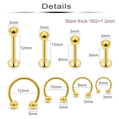 Lip Rings 32PCS Labret Jewelry Monroe Lip Barbell Ring Snake Bite Piercing Jewelry 16G Helix Earring Daith Tragus Cartilage Studs Surgical Steel Piercing Jewelry for Women Men - color: 32pcs,16 gauge,goldtone