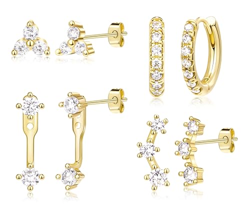 4 Pairs Stud Hoop Earrings Set for Women, Trendy Dangle Jacket Huggie Stacks for Multiple Piercing, Hypoallergenic Cartilage Jewelry Gifts - color: Gold- Diamond Jacket