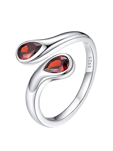 Bestyle Silver Birthstone Ring for Women, Dainty Sterling Silver Teardrop Ring Open Adjustable Band Ring, Love Statement TOI et Moi Ring Promise Ring for Her - color: 01.January ( Garnet)