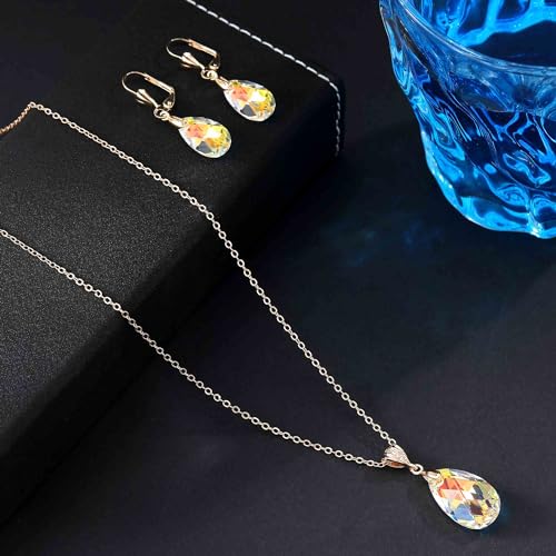 Austrian Crystals Teardrop Pendant Necklace Earrings for Women 14K Gold Plated Hypoallergenic Leverback Drop Dangle Earrings Jewelry Set - color: Aurora Borealis