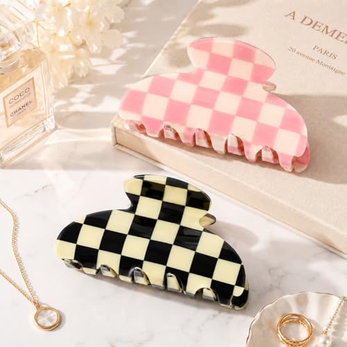 Aileam Acetate Hair Claw Clips for Women, Pink & Black Checkerboard, 2 Pack - color: Checked Pink & Black