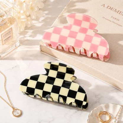 Aileam Acetate Hair Claw Clips for Women, Pink & Black Checkerboard, 2 Pack - color: Checked Pink & Black