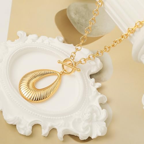 SOFYBJA Saint Benedict Necklace Drop 18K Gold Toggle Medallion Coin Cross Pendant Necklaces Religious Jewelry Catholic Gift for Women - color: Gold Chunky Striped Hollow Teardrop Necklace