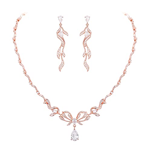 Crysdue Women's Wedding Bridal Jewelry Set for Brides Bridesmaids Cubic Zirconia Flower Leaf Vine Necklace Dangle Earrings for Prom Party - style: 12-rose gold