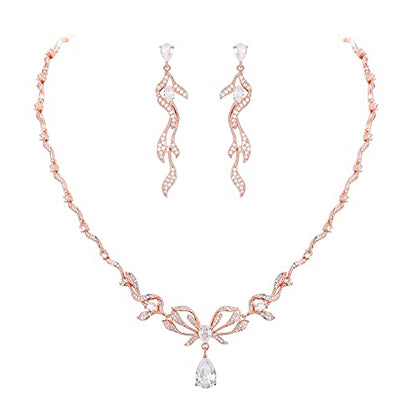Crysdue Women's Wedding Bridal Jewelry Set for Brides Bridesmaids Cubic Zirconia Flower Leaf Vine Necklace Dangle Earrings for Prom Party - style: 12-rose gold